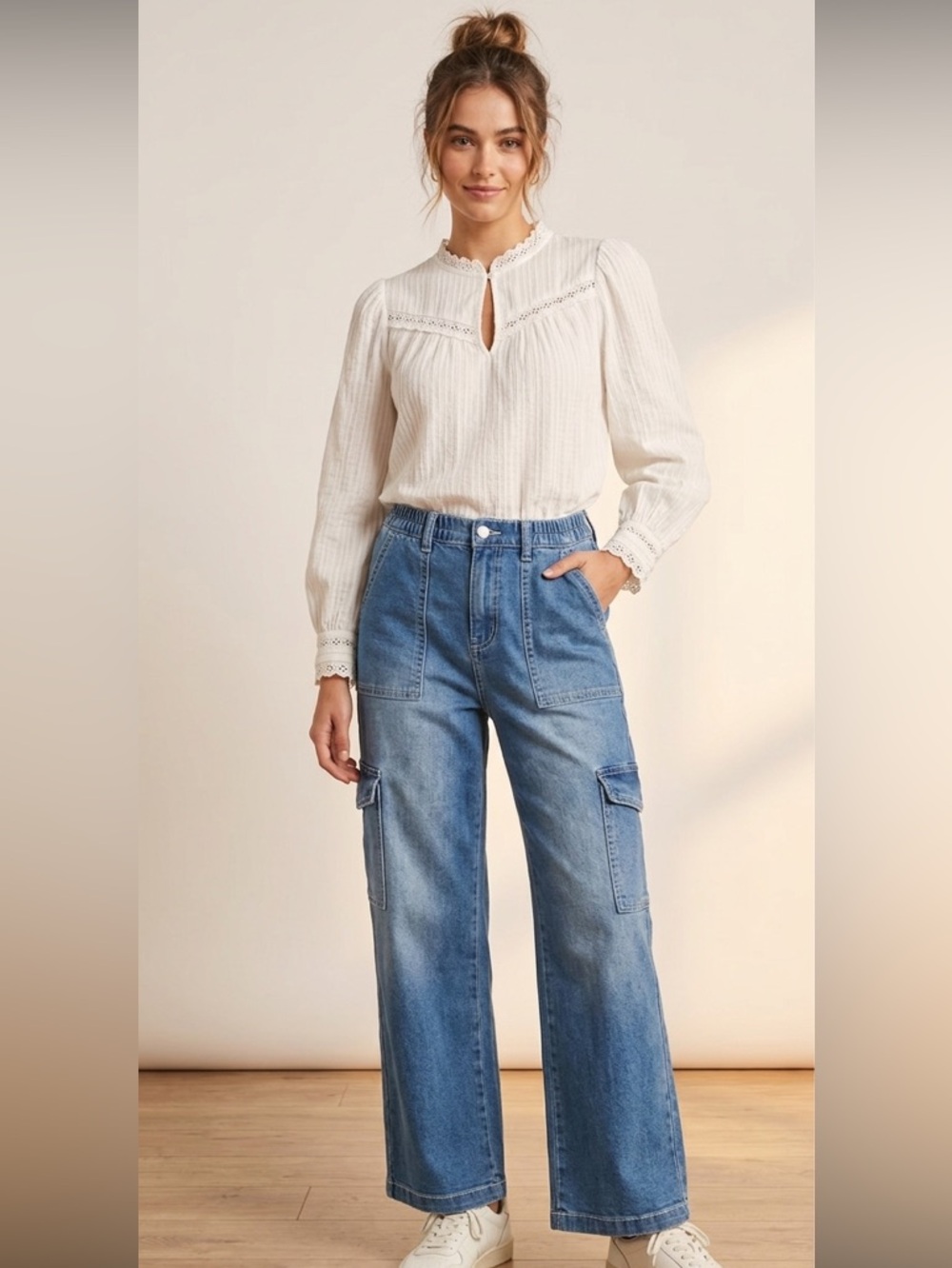 ALMOST FAMOUS cargo denim wide leg Jeans w elastic waist high waist size medium